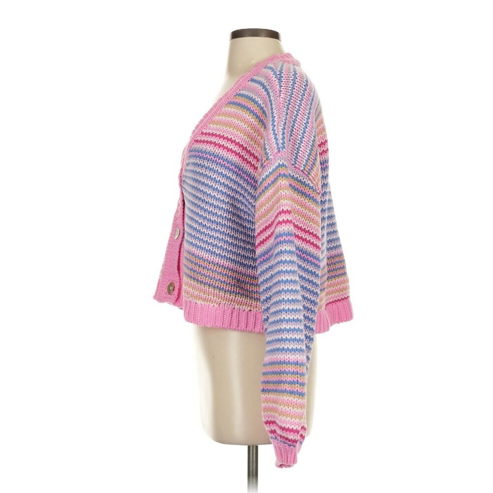 Show Me Your Mumu Pink Multi Stripe Cropped Relaxed Fit Button Up Cardigan 90s - Picture 7 of 16